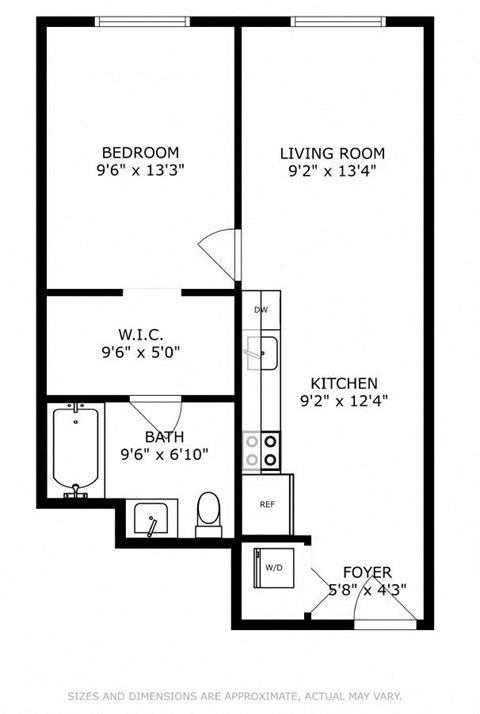 Floor plan for 1 bed, 1 bath, 595 sqft